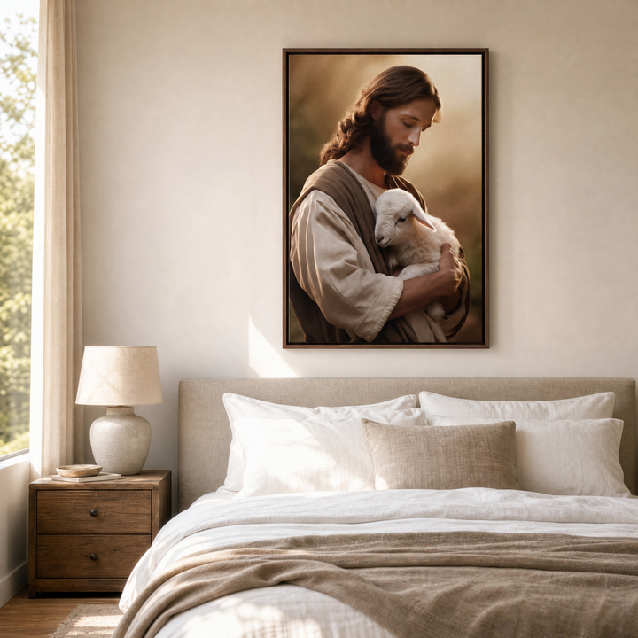 Jesus and Lamb framed canvas wall art hung above the bed in a serene neutral bedroom