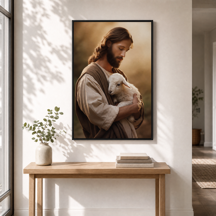 Jesus and Lamb framed canvas wall art displayed above a light oak console in a bright entryway