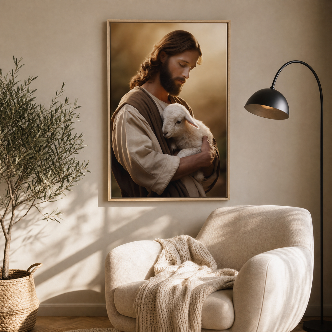 Jesus and Lamb framed canvas wall art in a cozy reading corner with a cream armchair and olive tree