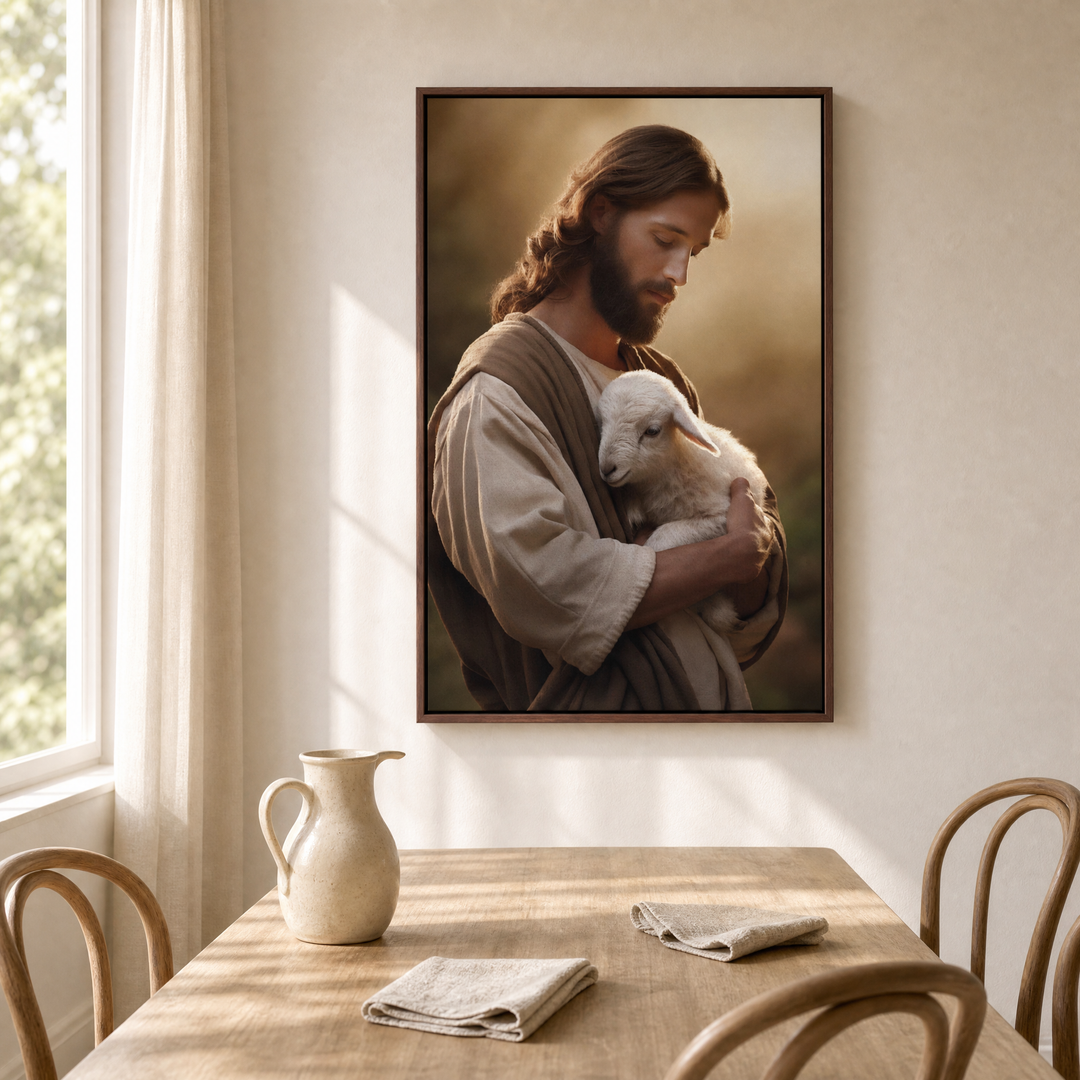 Jesus and Lamb framed canvas wall art above a light wood dining table in an airy dining nook