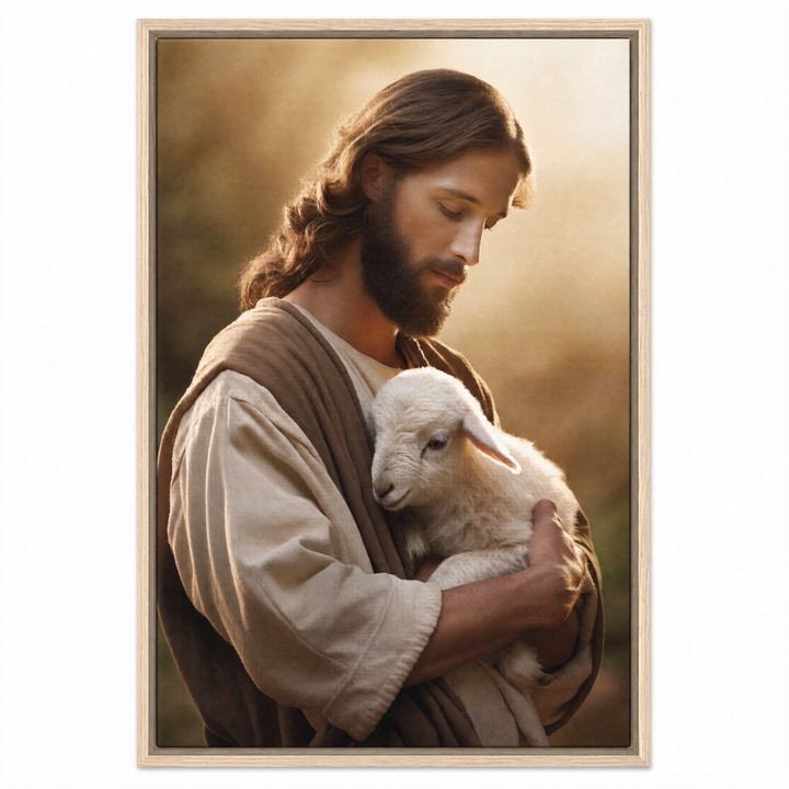 Jesus and Lamb framed canvas print in natural oak wood floater frame, front view on white background