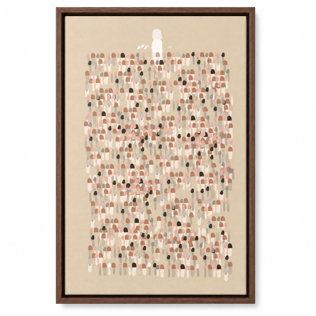 Jesus Leaves The 99 framed canvas print in dark walnut wood floater frame, front view on white background