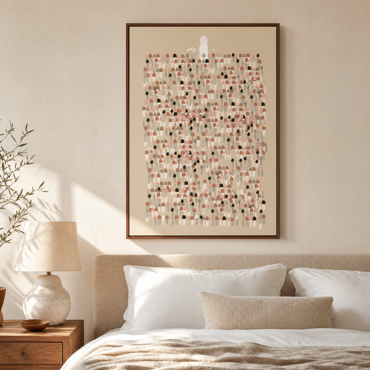 Jesus Leaves The 99 framed canvas wall art hung above the bed in a serene neutral bedroom