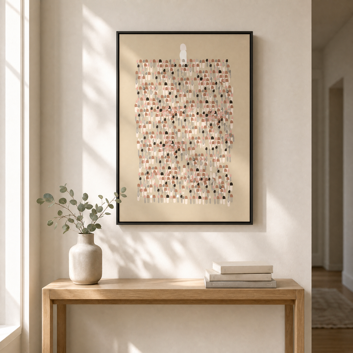 Jesus Leaves The 99 framed canvas wall art displayed above a light oak console in a bright entryway