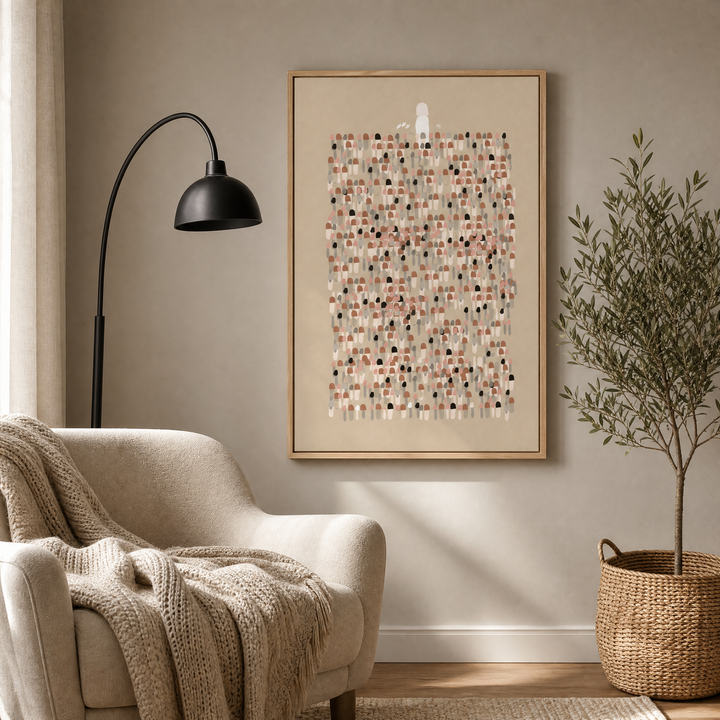 Jesus Leaves The 99 framed canvas wall art in a cozy reading corner with a cream armchair and olive tree