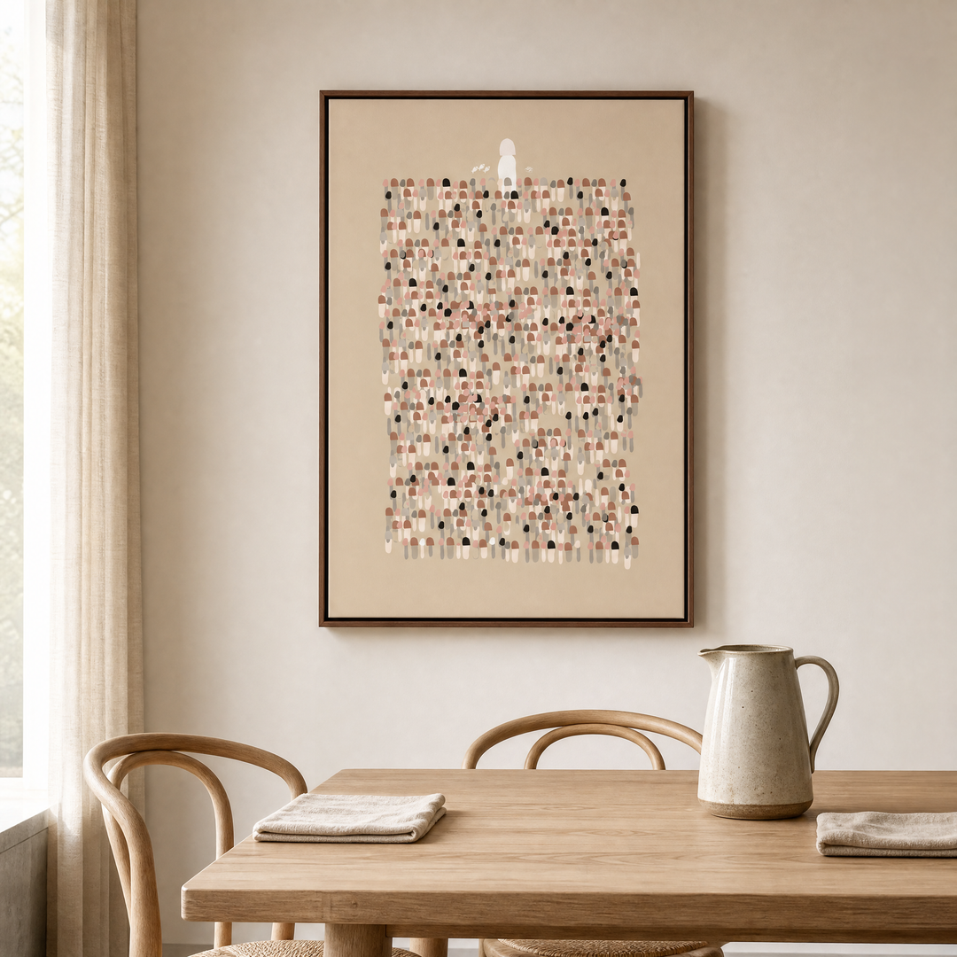 Jesus Leaves The 99 framed canvas wall art above a light wood dining table in an airy dining nook
