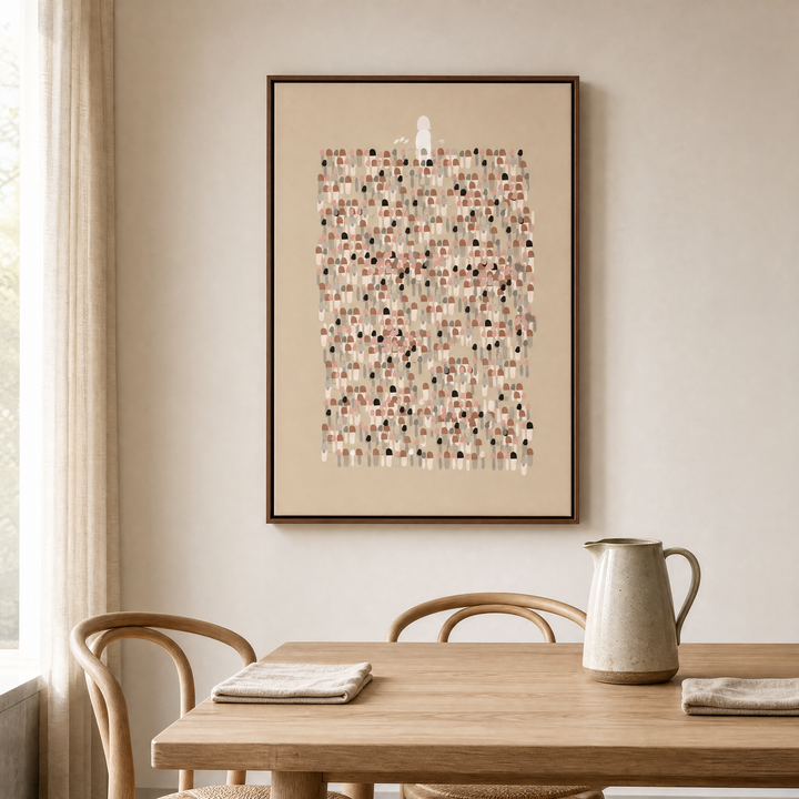 Jesus Leaves The 99 framed canvas wall art above a light wood dining table in an airy dining nook