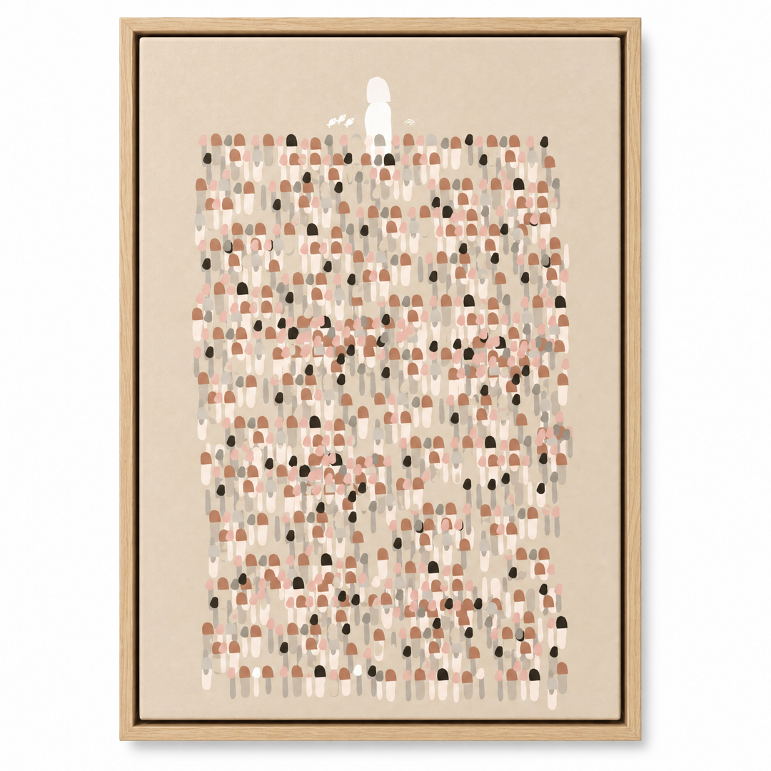 Jesus Leaves The 99 framed canvas print in natural oak wood floater frame, front view on white background