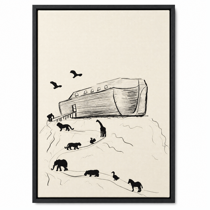 Noah's Ark framed canvas print in matte black floater frame, front view on white background