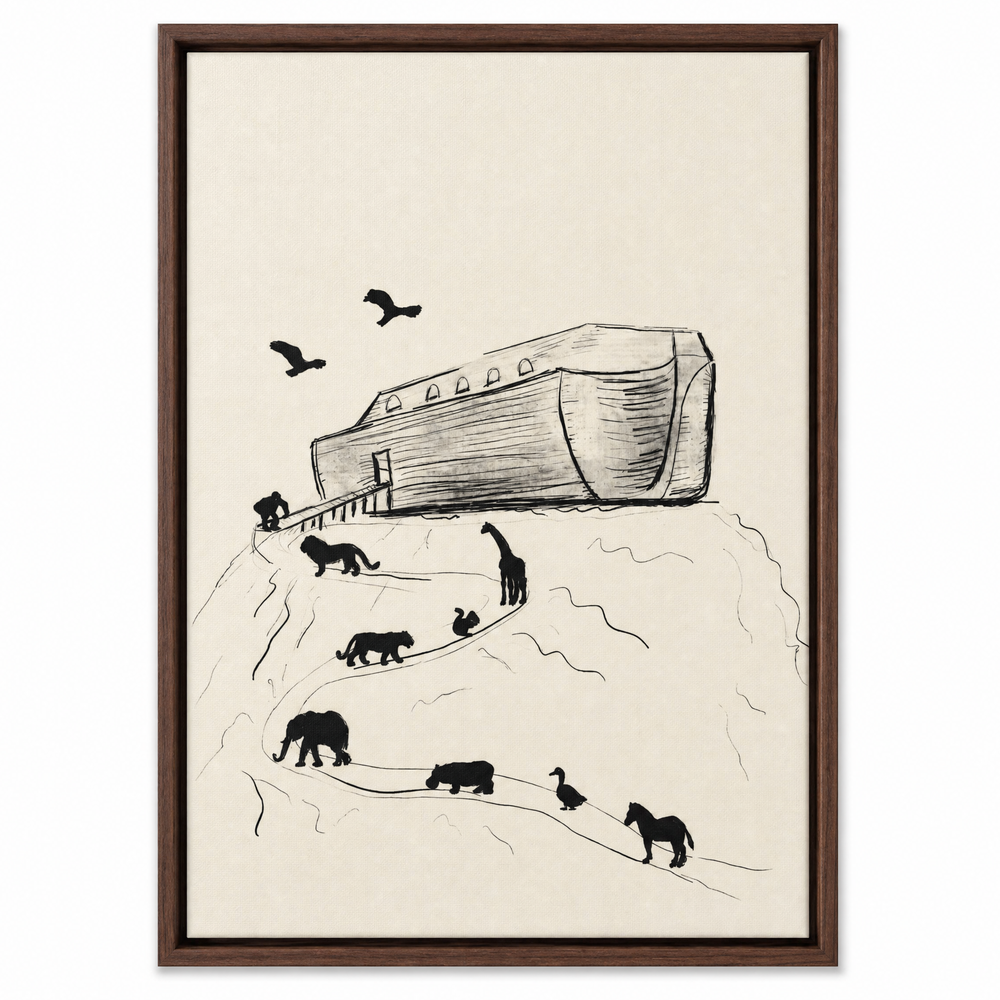 Noah's Ark framed canvas print in dark walnut wood floater frame, front view on white background