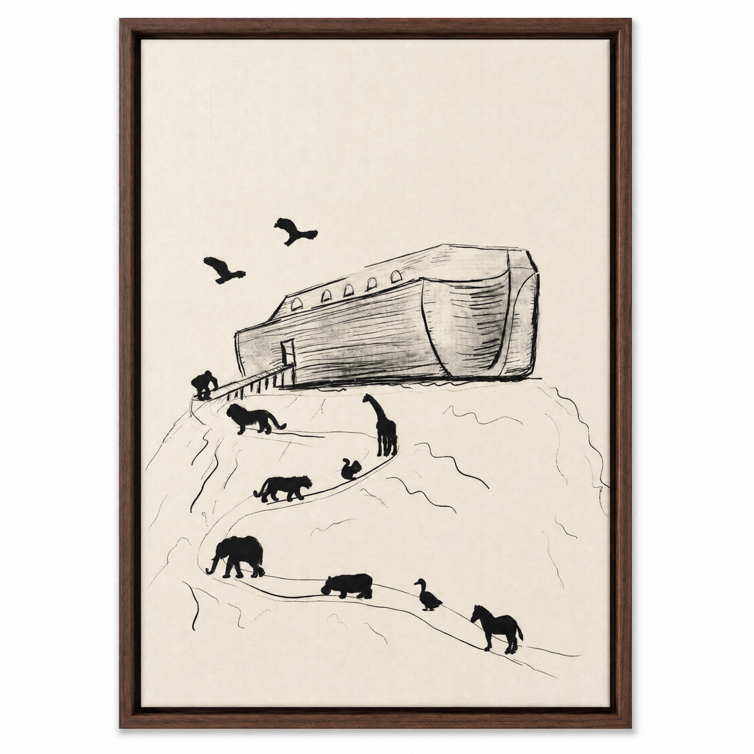 Noah's Ark framed canvas print in dark walnut wood floater frame, front view on white background