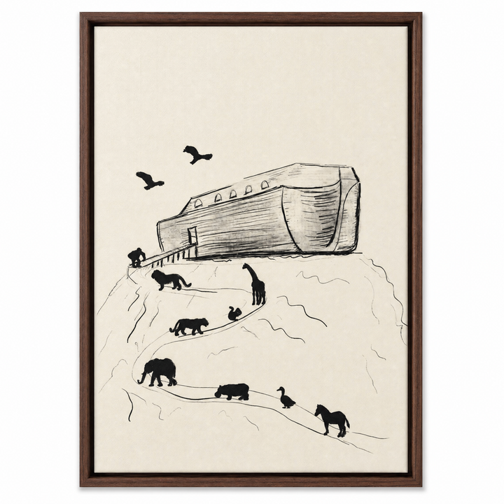 Noah's Ark framed canvas print in dark walnut wood floater frame, front view on white background