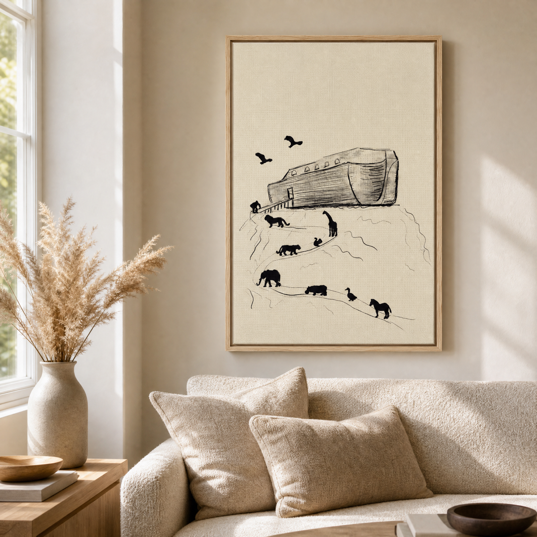 Noah's Ark framed canvas wall art styled above a beige boucle sofa in a warm living room