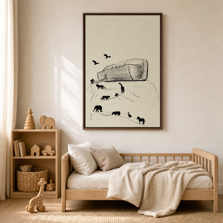 Noah's Ark framed canvas wall art hung above the bed in a serene neutral bedroom
