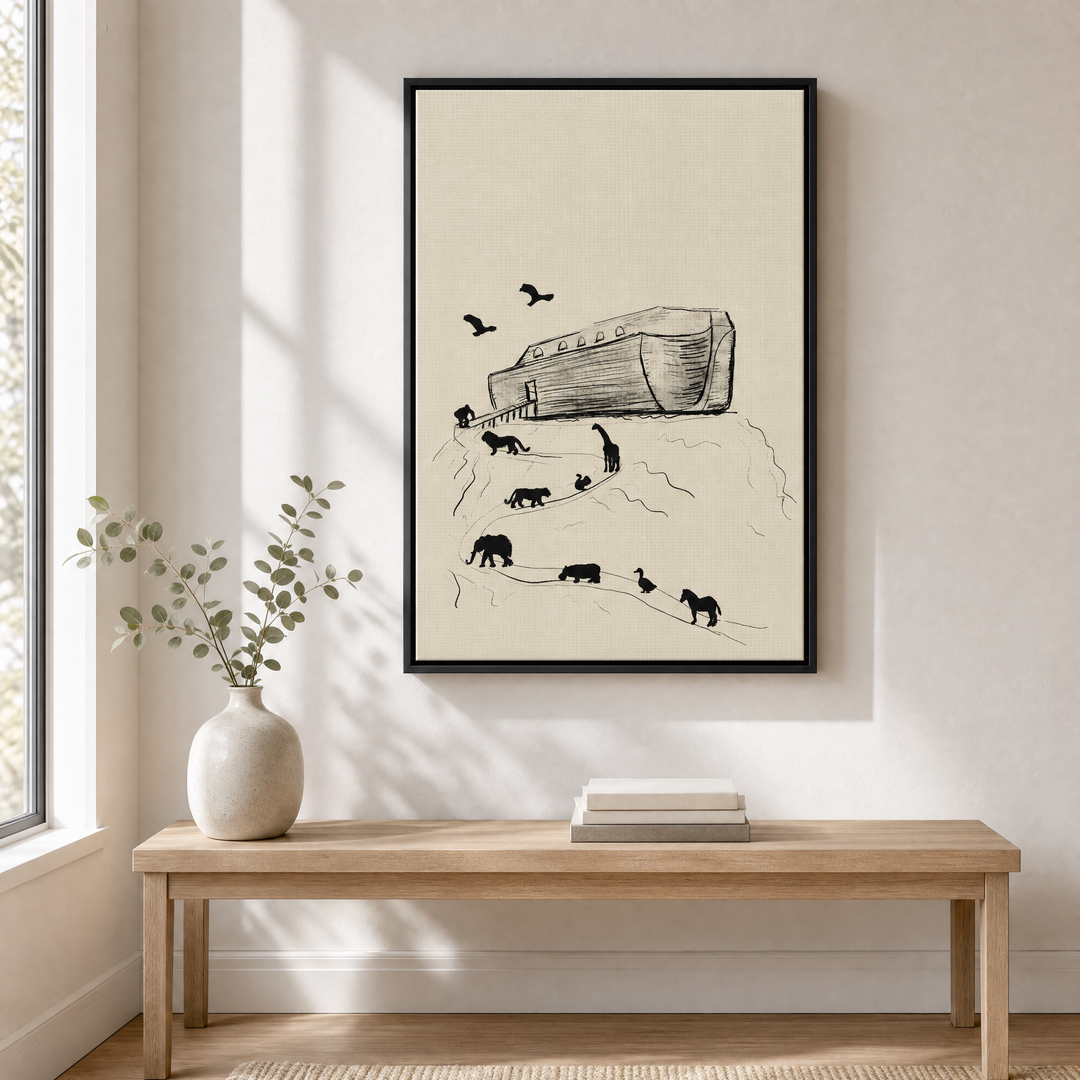 Noah's Ark framed canvas wall art displayed above a light oak console in a bright entryway