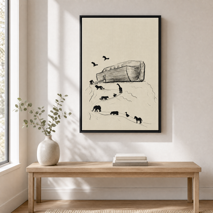 Noah's Ark framed canvas wall art displayed above a light oak console in a bright entryway