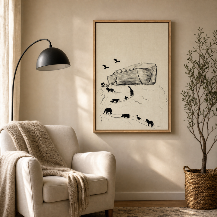 Noah's Ark framed canvas wall art in a cozy reading corner with a cream armchair and olive tree