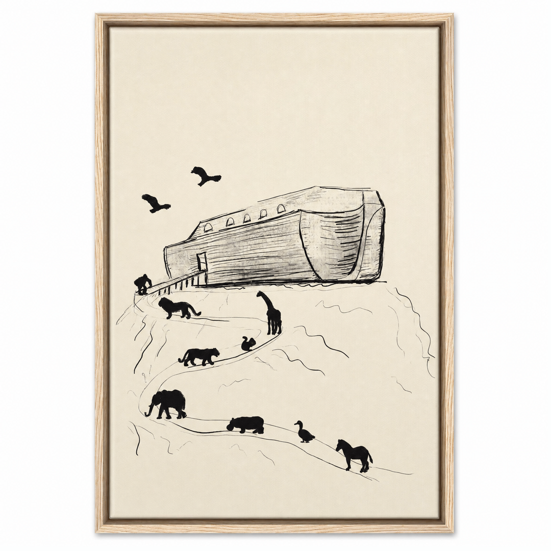 Noah's Ark framed canvas print in natural oak wood floater frame, front view on white background