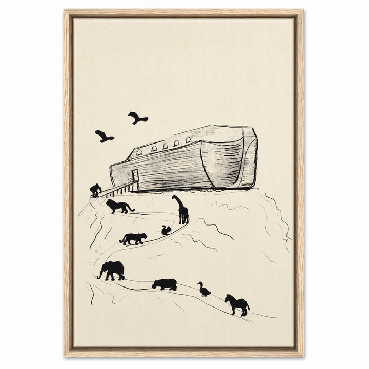 Noah's Ark framed canvas print in natural oak wood floater frame, front view on white background