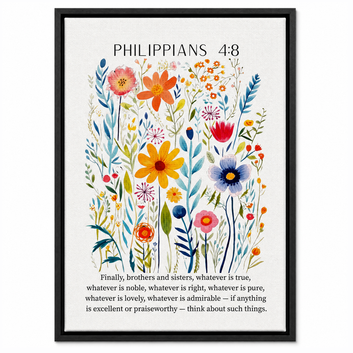 Philippians 4:8 framed canvas print in matte black floater frame, front view on white background