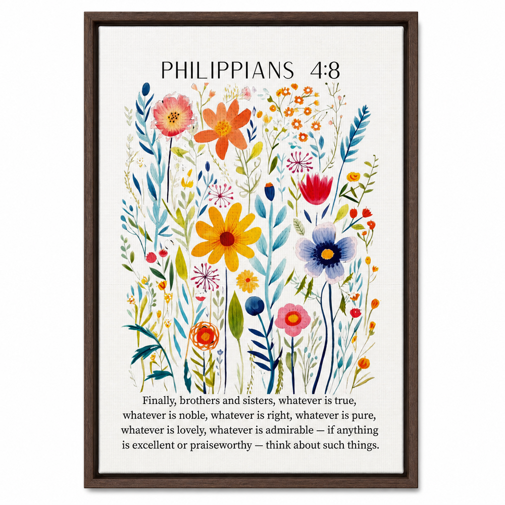 Philippians 4:8 framed canvas print in dark walnut wood floater frame, front view on white background