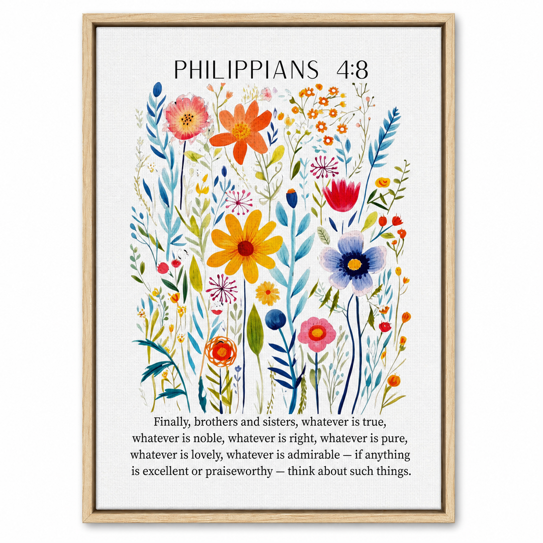 Philippians 4:8 framed canvas print in natural oak wood floater frame, front view on white background