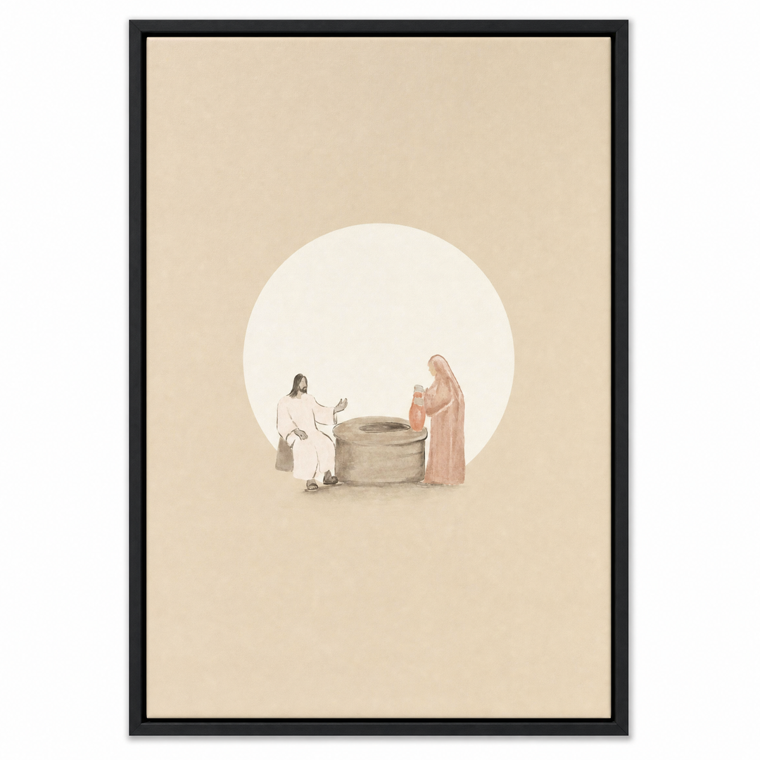 Woman at the Well framed canvas print in matte black floater frame, front view on white background