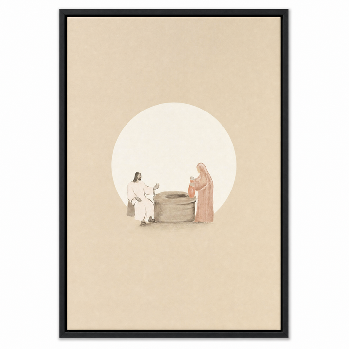 Woman at the Well framed canvas print in matte black floater frame, front view on white background