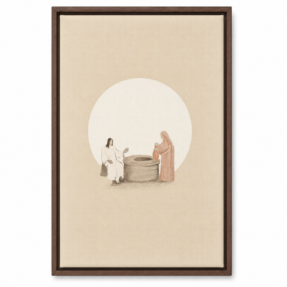 Woman at the Well framed canvas print in dark walnut wood floater frame, front view on white background