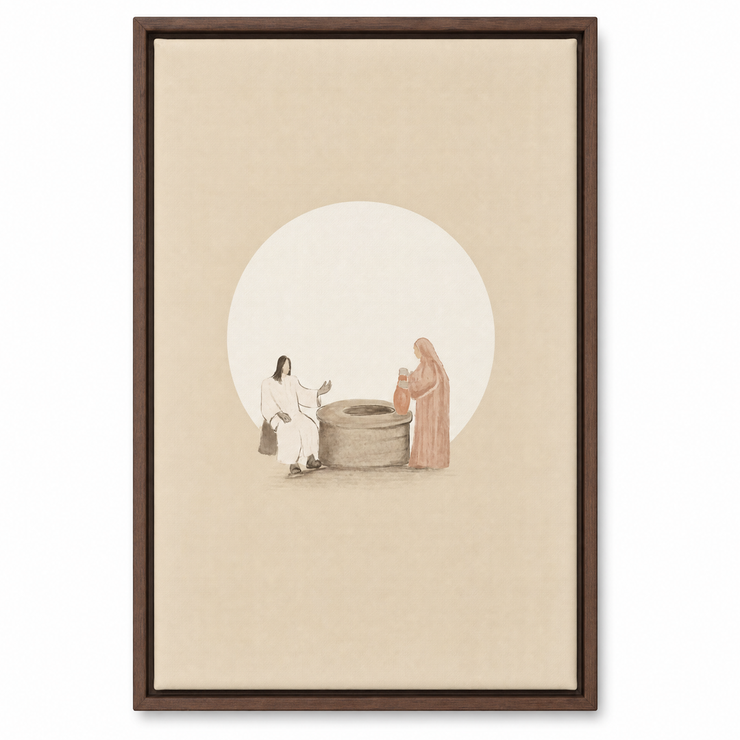 Woman at the Well framed canvas print in dark walnut wood floater frame, front view on white background