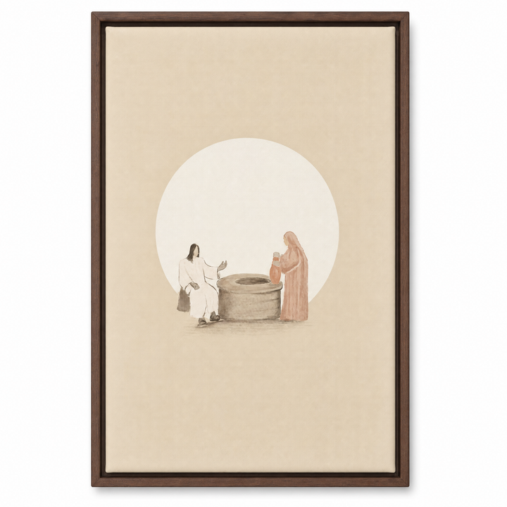 Woman at the Well framed canvas print in dark walnut wood floater frame, front view on white background
