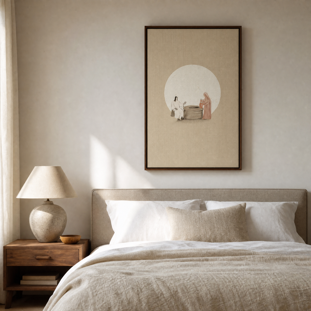 Woman at the Well framed canvas wall art hung above the bed in a serene neutral bedroom