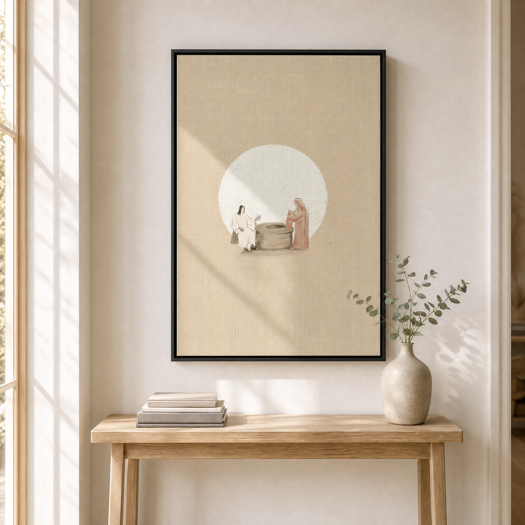 Woman at the Well framed canvas wall art displayed above a light oak console in a bright entryway