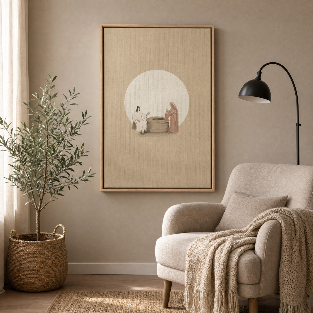 Woman at the Well framed canvas wall art in a cozy reading corner with a cream armchair and olive tree