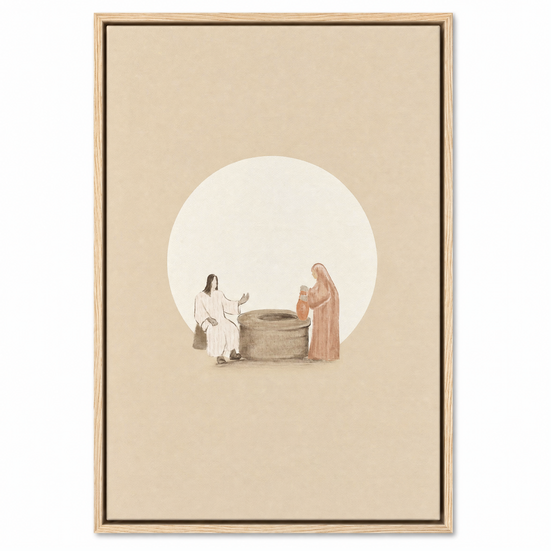 Woman at the Well framed canvas print in natural oak wood floater frame, front view on white background