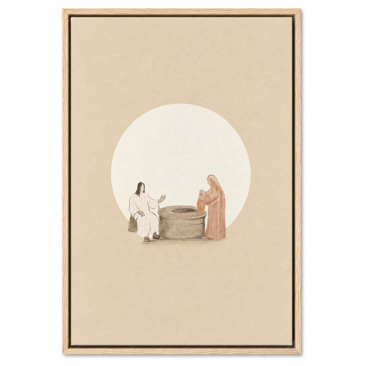 Woman at the Well framed canvas print in natural oak wood floater frame, front view on white background